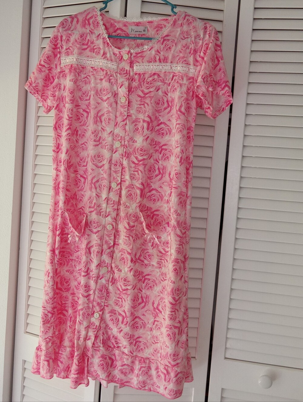 Joan Vass Pink Rose-Print Button Front Nightgown MEDIUM Soft Pretty